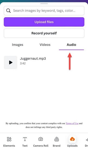 press Upload to add MP3 | Add Spotify Music to Canva
