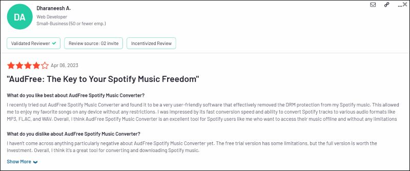 AudFree review on G2 | AudFree Spotify Music Converter Review