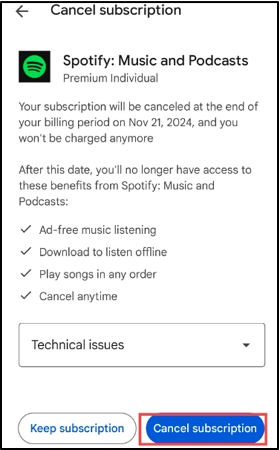 tap Cancel Subscription in Play Store | Cancel Spotify Premium