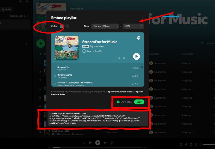 click Show Code | Embed a Spotify Playlist