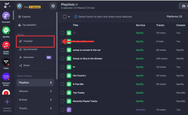 choose Transfer in Soundiiz | Transfer Spotify Playlists to Apple Music