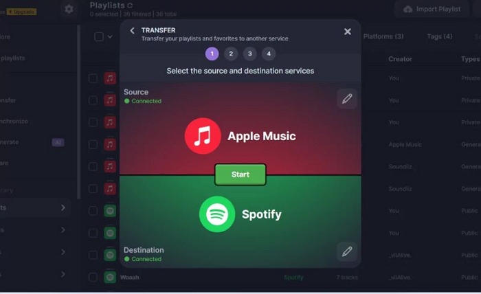 set source and destination in Soundiiz | Transfer Spotify Playlists to Apple Music