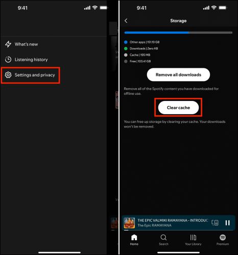 select Clear Cache | Keep Spotify Playing in the Background