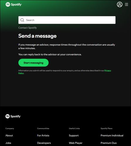 choose Start Messaging | Cancel Spotify Premium