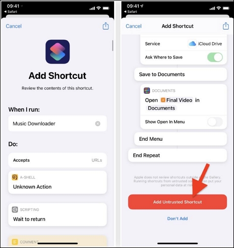 tap Add Untrusted Shortcut | Download Songs from Spotify on iPad 