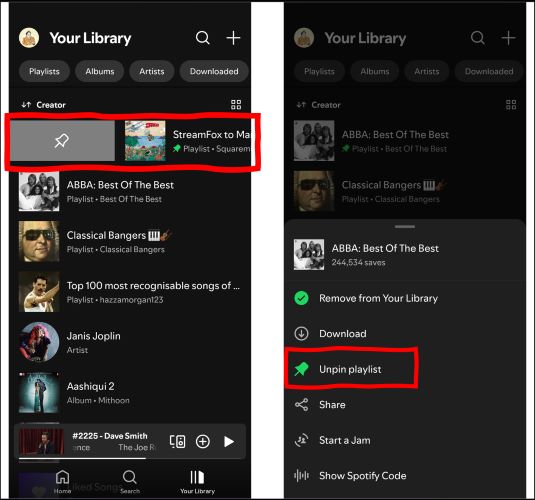 choose Unpin Playlist | Pin Playlists on Spotify Library