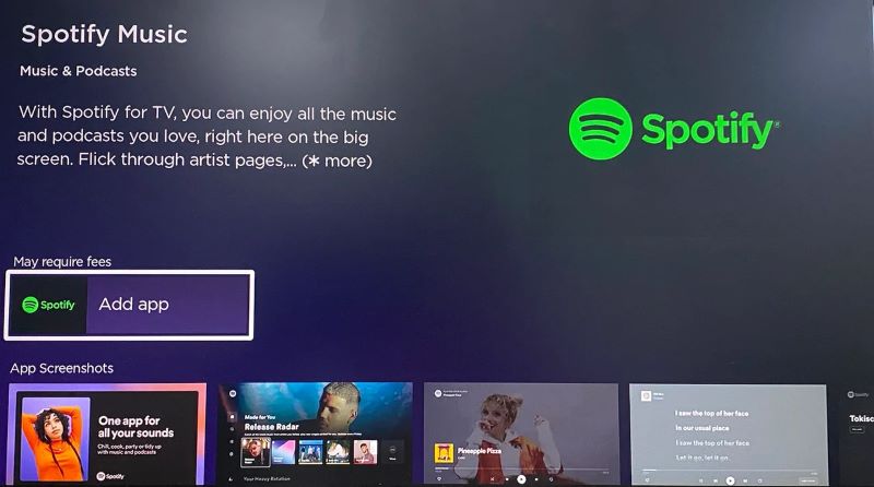 select Add App | Play Spotify on Roku TV