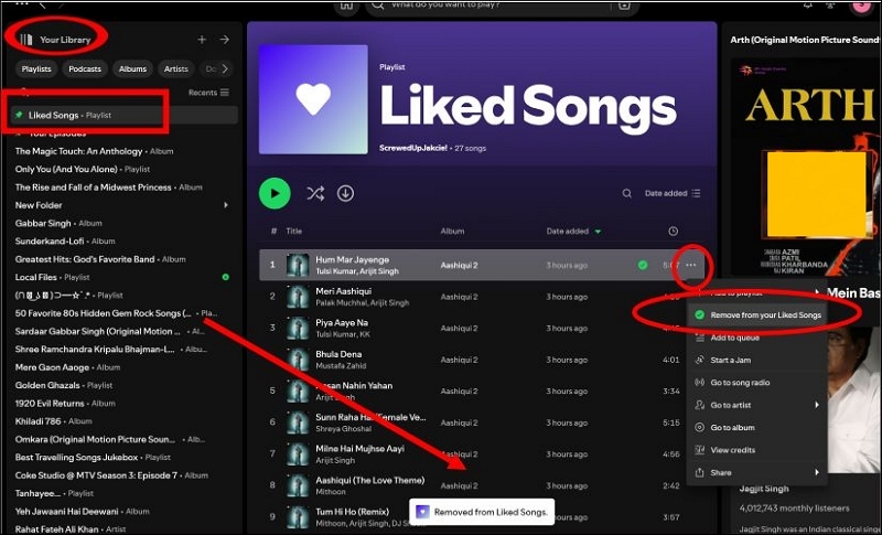 choose Remove from your Liked Songs | Like Songs on Spotify