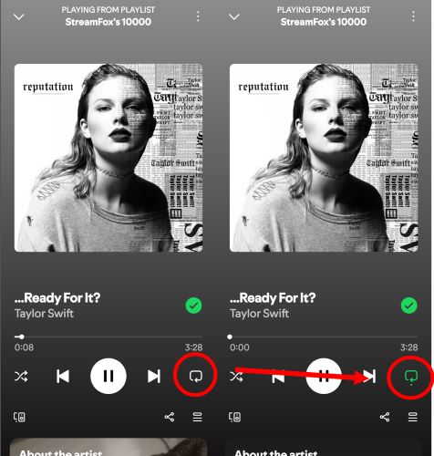 hit Repeat icon | Repeat or Loop Spotify Playlist