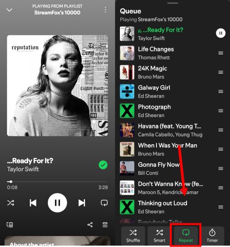 tap Queue icon | Repeat or Loop Spotify Playlist