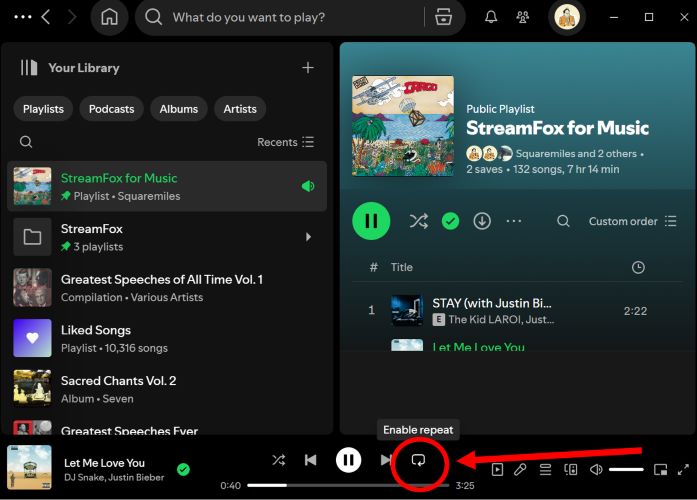 Enable Repeat tooltip | Repeat or Loop Spotify Playlist