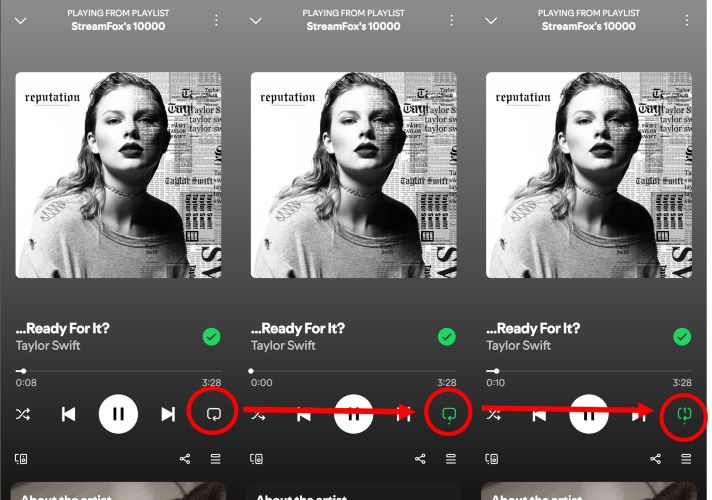 tap Repeat in Now Playing | Repeat or Loop Spotify Playlist