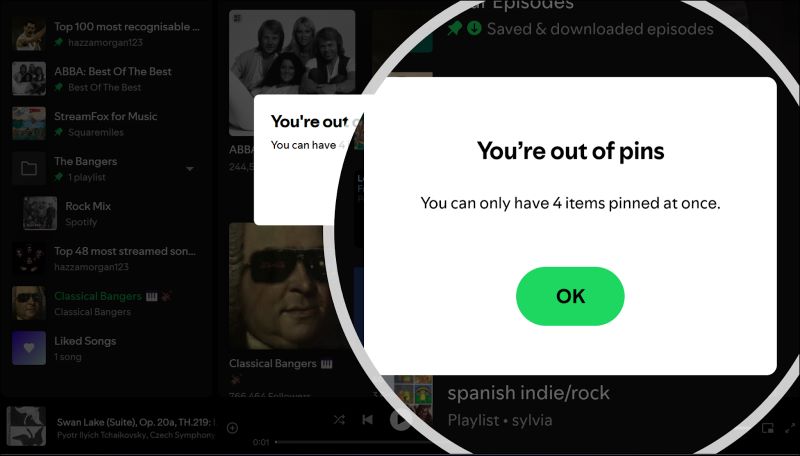 out of PIN prompt | Pin Playlists on Spotify Library
