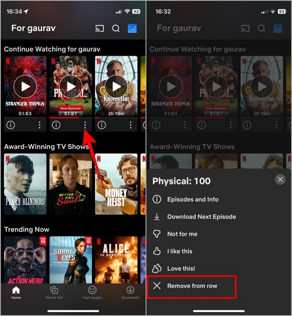 Remove from row | continue watching netflix remove​