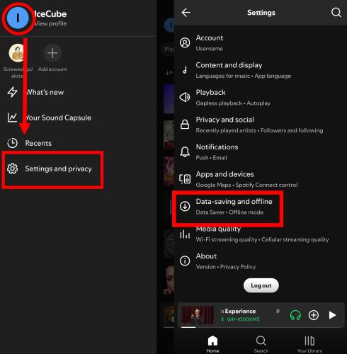 navigate to Data Saving and Offline | Download Songs on Spotify Using Cellular Data