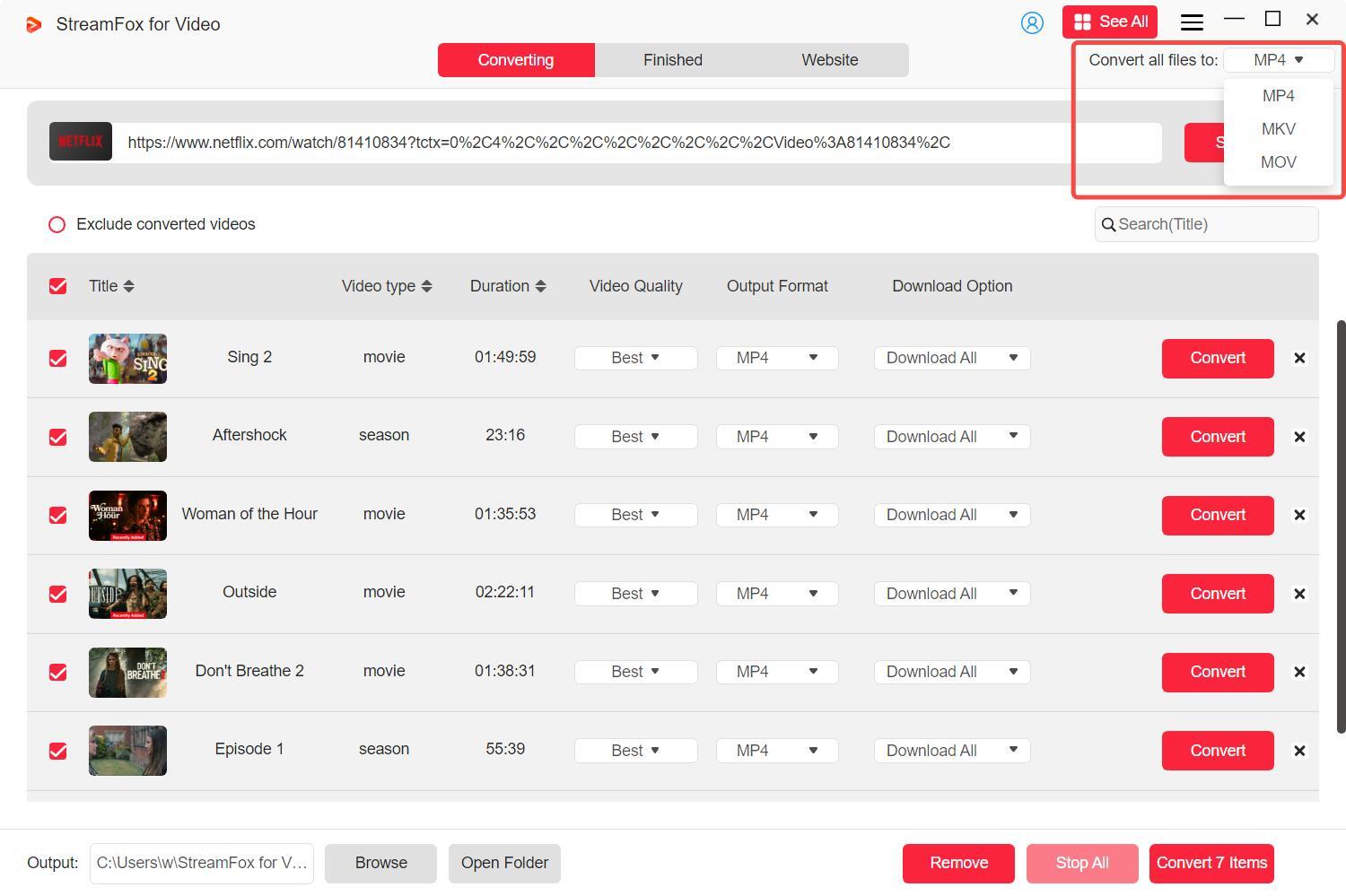 choose the file format | tunelf Netflix video downloader