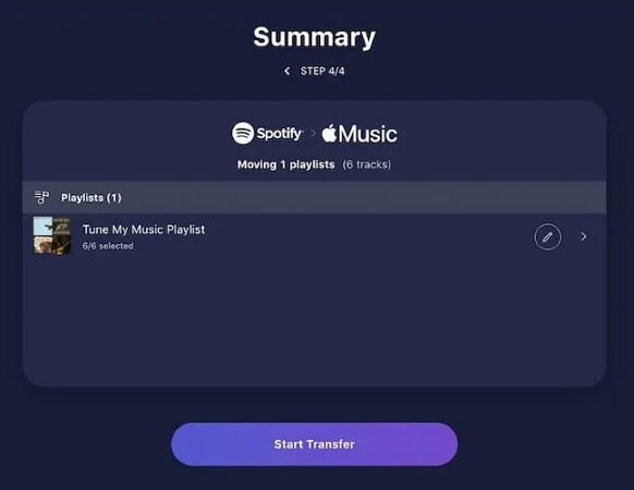 hit Start Transfer | Transfer Spotify Playlists to Apple Music