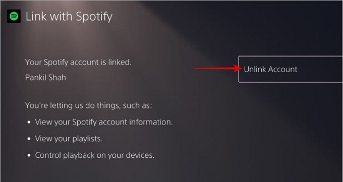 select Unlink Account | Listen to Spotify Music on PS5