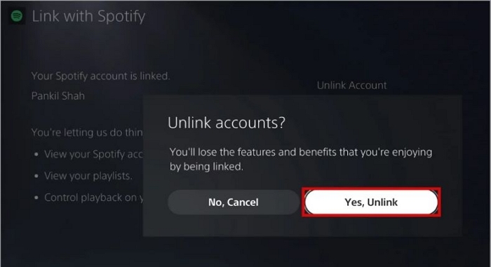 select Yes Unlink | Listen to Spotify Music on PS5