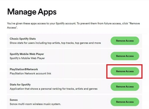 click Remove Access | Listen to Spotify Music on PS5