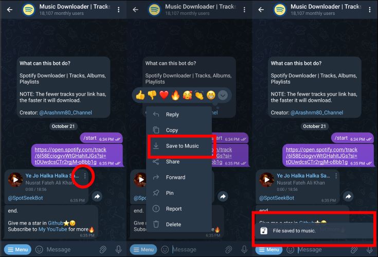 select Save to Music | Telegram Spotify Downloader Bots